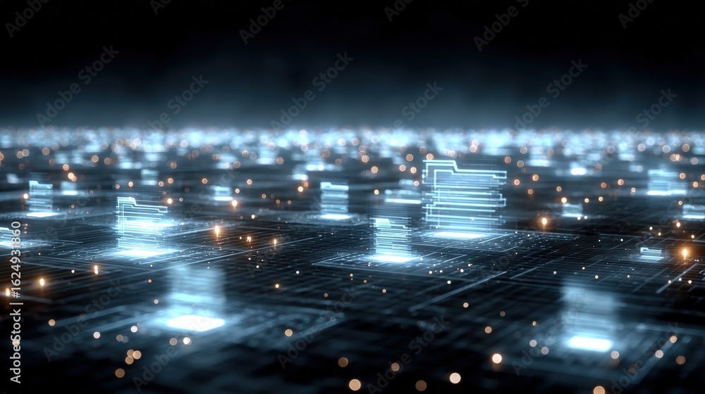 Poster abstract network grid with files and folders, futuristic software interface, digital document manage