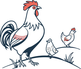 Whimsical Rooster and Hens Illustration A Farmyard Scene with Poultry Family Amidst the Simple Charm of Country Life