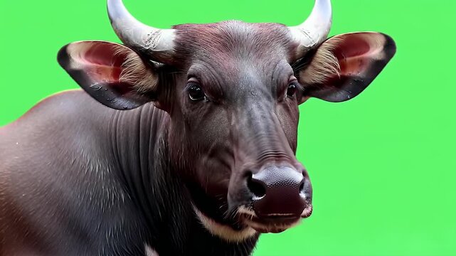 Close-up of a majestic dark wild bovine with horns against a vibrant green screen background