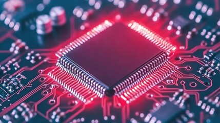 Close-up of a Microchip on a Circuit Board: High-Tech Electronics and Digital Innovation