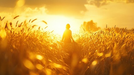 Woman in Wheat Field at Sunset with Golden Light