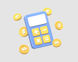 3D illustration of a blue calculator with yellow buttons surrounded by gold coins, symbolizing money management and accounting.3d render icon in cartoon style
