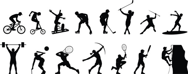 Sport silhouettes, athletes in action, cycling, snowboarding, fencing, basketball, tennis, weightlifting, surfing, vector icons, black, isolated