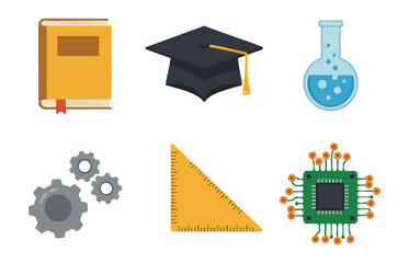 Education SVG Icon Set Vector SVG Design Featuring Book Graduation Cap Science Equipment Geometric Shapes in Flat Design