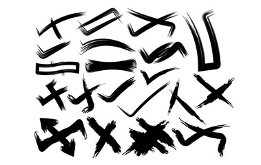 A dynamic set of black grunge brush X marks and check strokes. Ideal for abstract design, cancel icons, bold textures, warning signs.