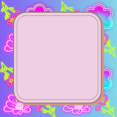 A vibrant and colorful template featuring a blank copy space frame decorated with glowing neon flowers and dreamy clouds.