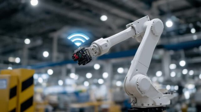 A digital twin model hovers above an industrial robot, displaying real-time status and predictive maintenance alerts against a blurred factory backdrop.