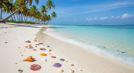 3d icon of tropical beach with seashells and palm trees on a sunny day transparent background