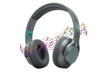 Photo of a set of gray wireless headphones with musical notes floating around, isolated on transparent background