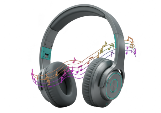 Photo of a set of gray wireless headphones with musical notes floating around, isolated on transparent background