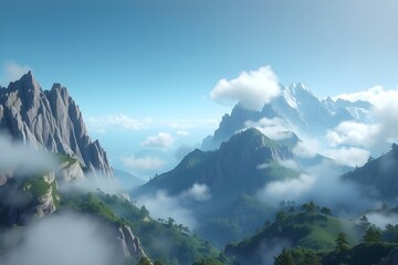 Breathtaking Mountainous Vista with Lush Green Valleys and Ethereal Low Clouds Under a Bright Sky