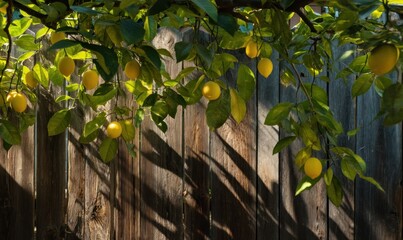 Lemons Hanging on Tree Branches Against a Rustic Wooden Fence