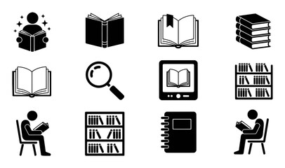 Collection of black and white book related icons reading education