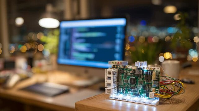 Explore a DIY home automation setup featuring a Raspberry Pi, sensors, and wiring, all softly illuminated on a desk.