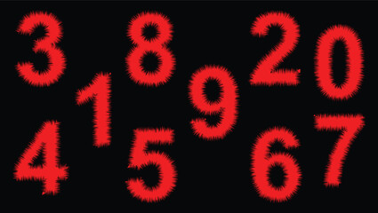 Furry Red Number Shapes on Black Background Set