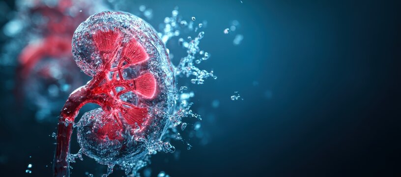 Close up of a vibrant red human kidney with intricate details surrounded by swirling blue water and bubbles