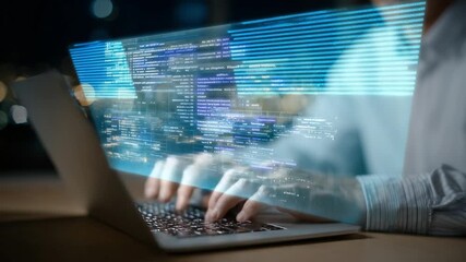 AI assistant hologram aids professional with automated scheduling and task reminders while typing on a laptop.