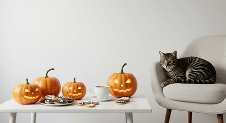 Adorable tabby cat resting on a chair next to Halloween pumpkins and spooky cookies, ready for a festive celebration
