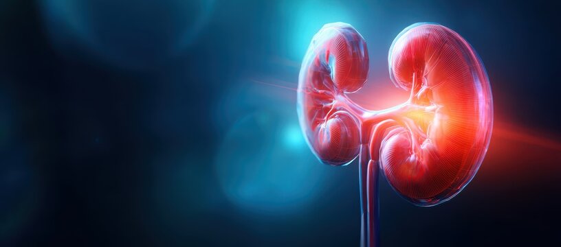 Close up of a human kidney with glowing red and blue light effects highlighting its internal structure and medical significance