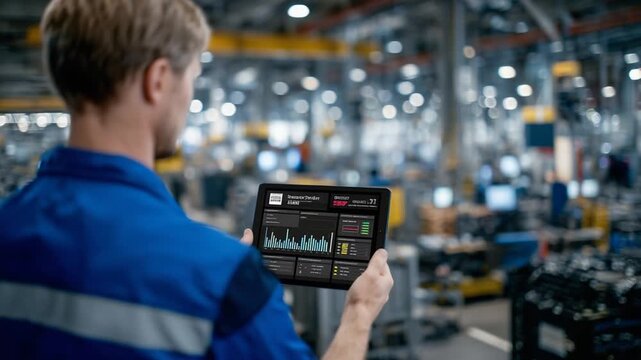 Augmented reality display showcases real-time machine performance deviations from digital twin baseline, alerting factory technicians.