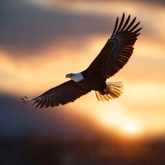 Naklejka premium Bald Eagle Soaring Through Golden Hour Skies A Symbol of Freedom and Power in the American Wilderness