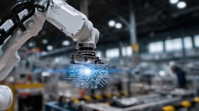 A cobot's sensor array scans a nearby human hand, showcasing advanced safety protocols and futuristic robotics with transparent shielding.