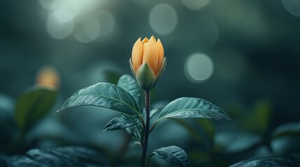 Yellow flower bud emerging amidst lush green foliage