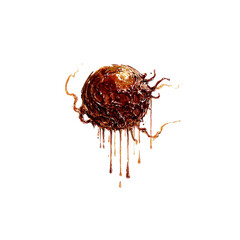 Abstract Melted Caramel Sphere with Drips and Splashes on Black Background