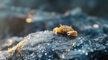 Yellow crab perched on wet rocks at sunset glow