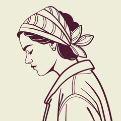 Elegant woman in profile wearing a patterned headscarf and stylish jacket with a subtle expression