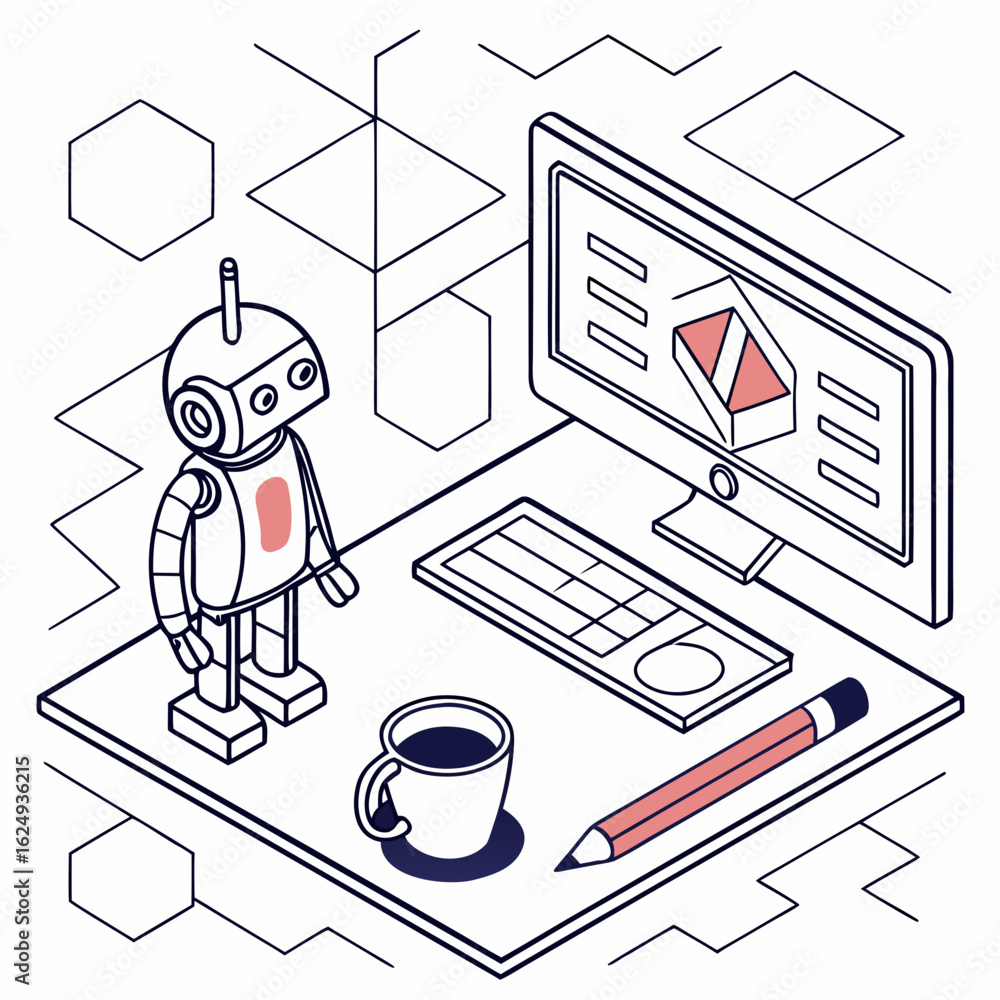 Poster friendly robot character working at a desk with computer keyboard coffee and pencil