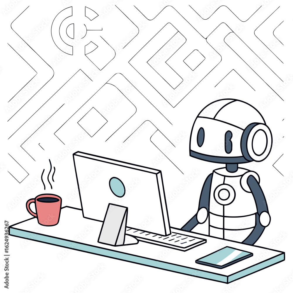 Poster friendly robot working on a computer with a hot cup of coffee and a tablet on a desk