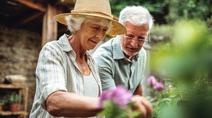 Warm gardening moment: elderly couple planting flowers in golden backyard light with shared sunhat
