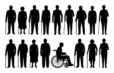 Elderly people silhouettes with canes and wheelchair vector