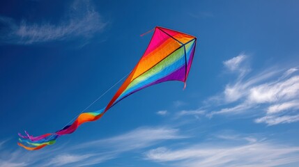 Colorful kite flying high against a vibrant blue sky with wispy clouds
