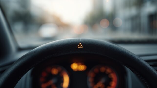 Car dashboard with warning light on blurred street - Powered by Adobe
