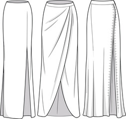 Long Skirt Cad Drawing Flat Vector Illustration, Technical Fashion Design of Front View, Elegant Draped Maxi Skirts with Slits, Three Style Set