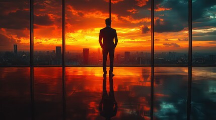 Business leader giving motivational speech in modern office with city view

