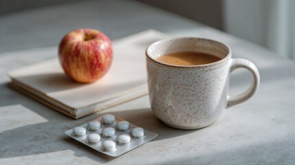 Apple, coffee, and pills on table in natural light