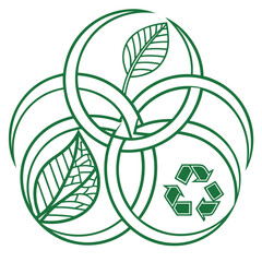 Interlocking green circles with leaves and recycling symbol representing sustainability and environmental harmony