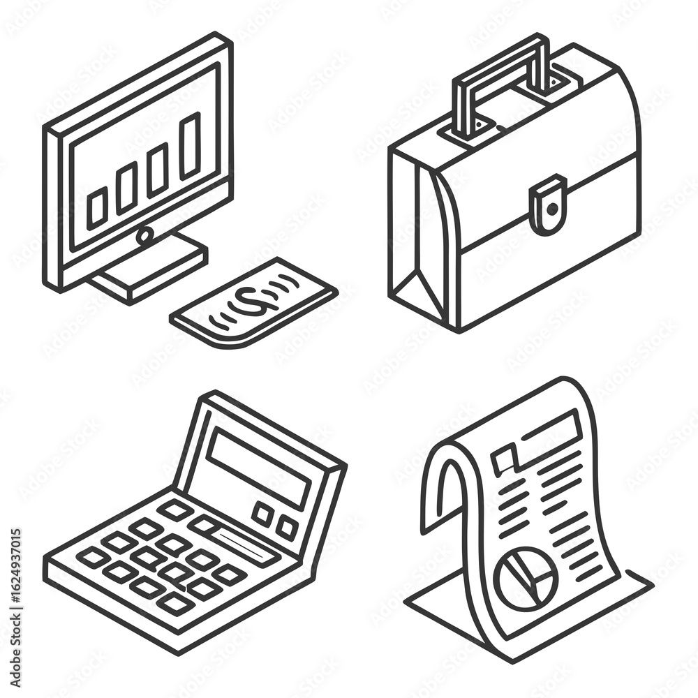 Poster isometric business icons depicting a computer monitor with a bar graph a briefcase a calculator and 