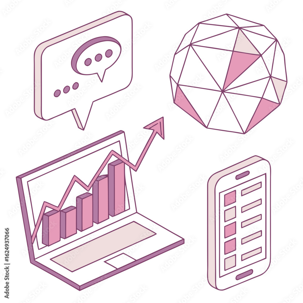 Poster isometric icons representing communication data analysis technology and growth with a modern flat de