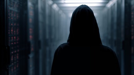 Hooded figure in dark data center corridor