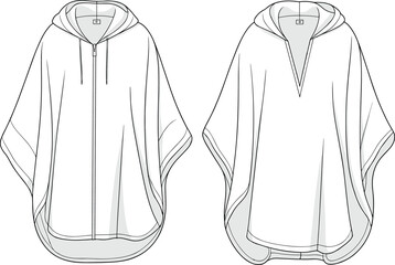 Hooded Poncho Cad Drawing Flat Vector Illustration, Front and Back Technical Sketch of Cloak Style Outerwear, Loose Fit Fashion Design with Hood