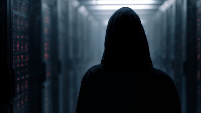 Hooded figure in dark data center corridor