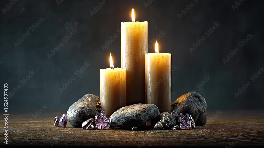Poster serene and calming atmosphere three elegant candles surrounded by smooth stones and sparkling crysta