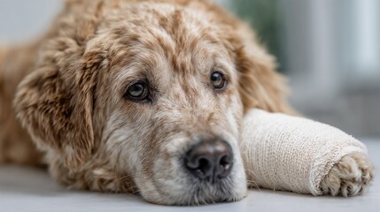 Injured dog with bandaged paw lying indoors