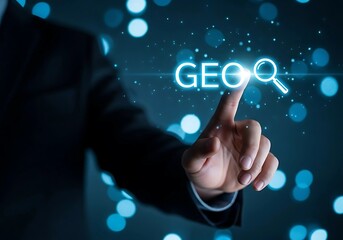 GEO Search Technology: Hand Points to Glowing Location Icon