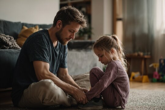  Father helping daughter tie shoelaces at home