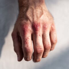 Closeup of irritated red skin on male hand